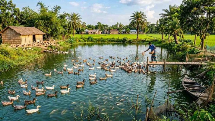 কৃষি খামারে দেশি হাঁস ও মাছ চাষ